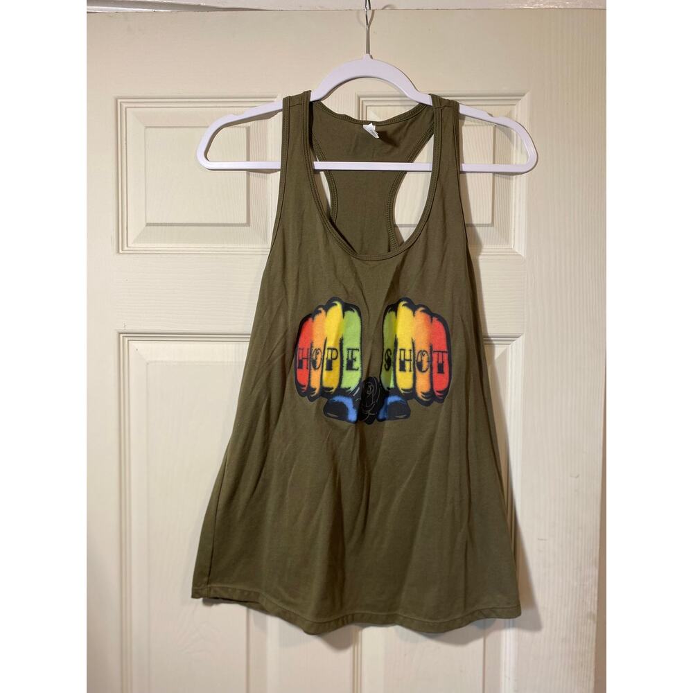 Women's Army Green Hope Shot Tank Top With Rainbow Fists Size Large